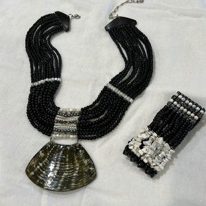 Chicos Black and pearl and tortoise shell necklace with matching bracelet.